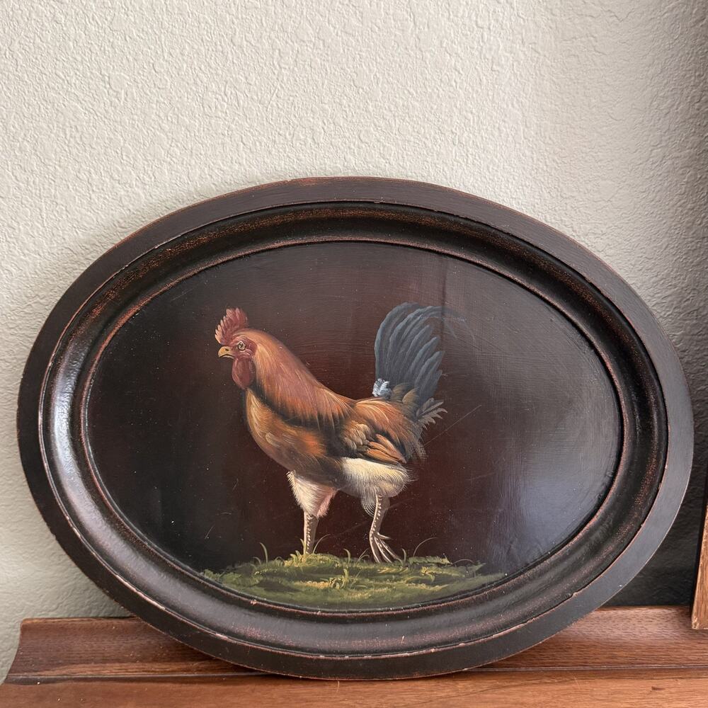 Vintage Platter Painted Rooster on Oval Wood Plaque Tray Platter Folk Art